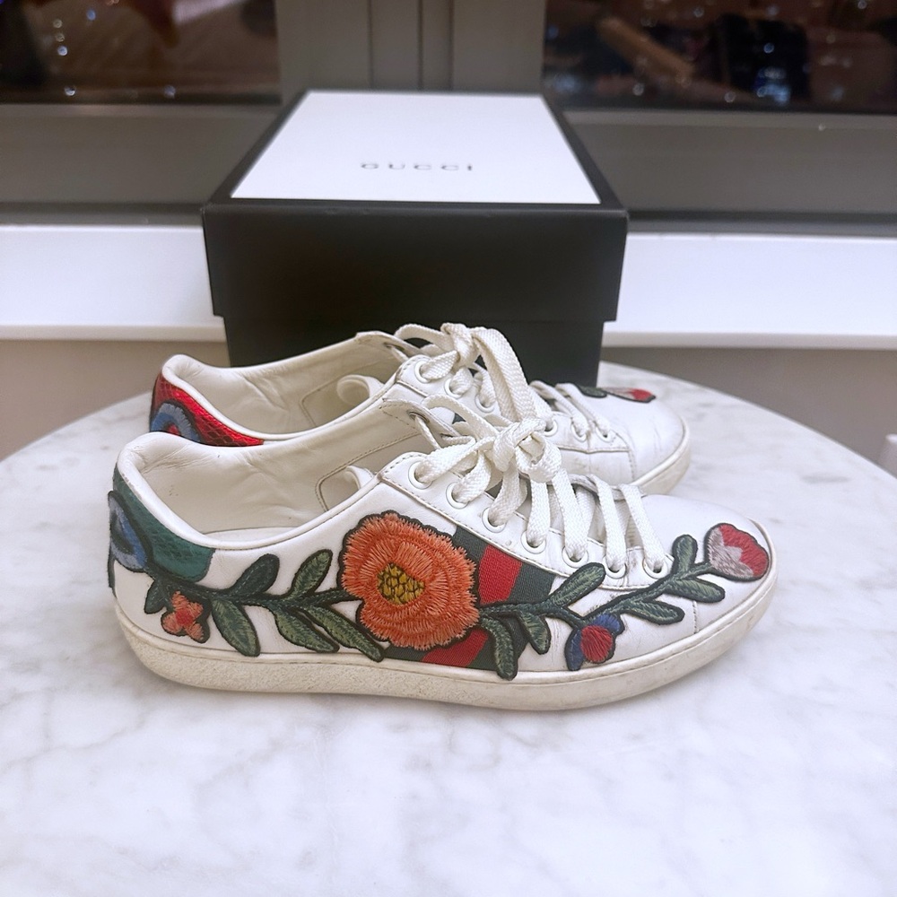 Gucci Leather Ace Floral Embroidered Sneakers 36 - Picture 2 of 5